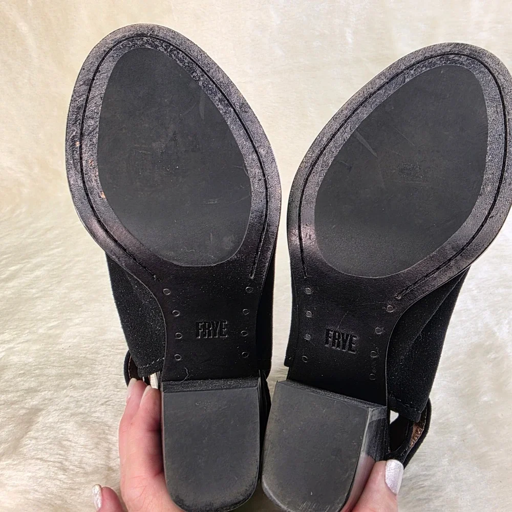 Frye Suede Peep Toe Slingback Booties Black Block Heel Women 10M Excellent